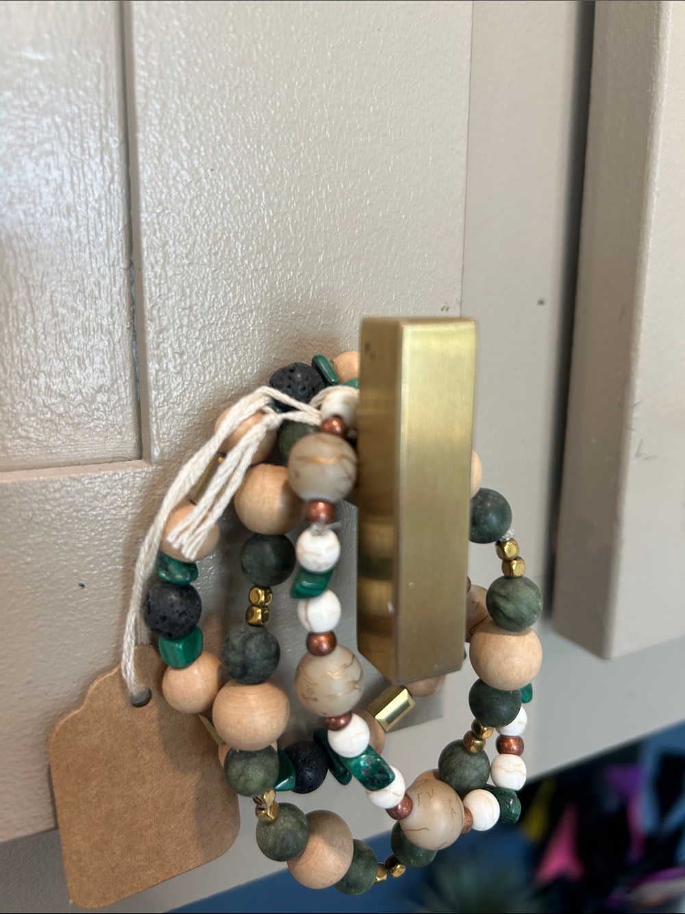 Boho Green Wood & Stone Bead Bracelet Set